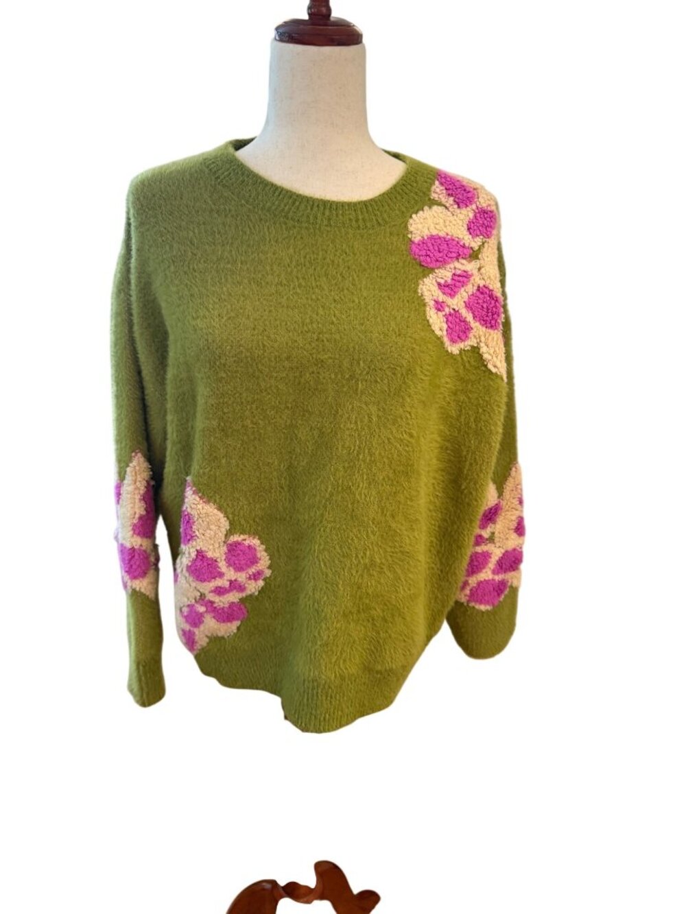 FRNCH Paris Fuzzy Sweater Womens M Green Pink Floral Crewneck Soft Knit Pullover